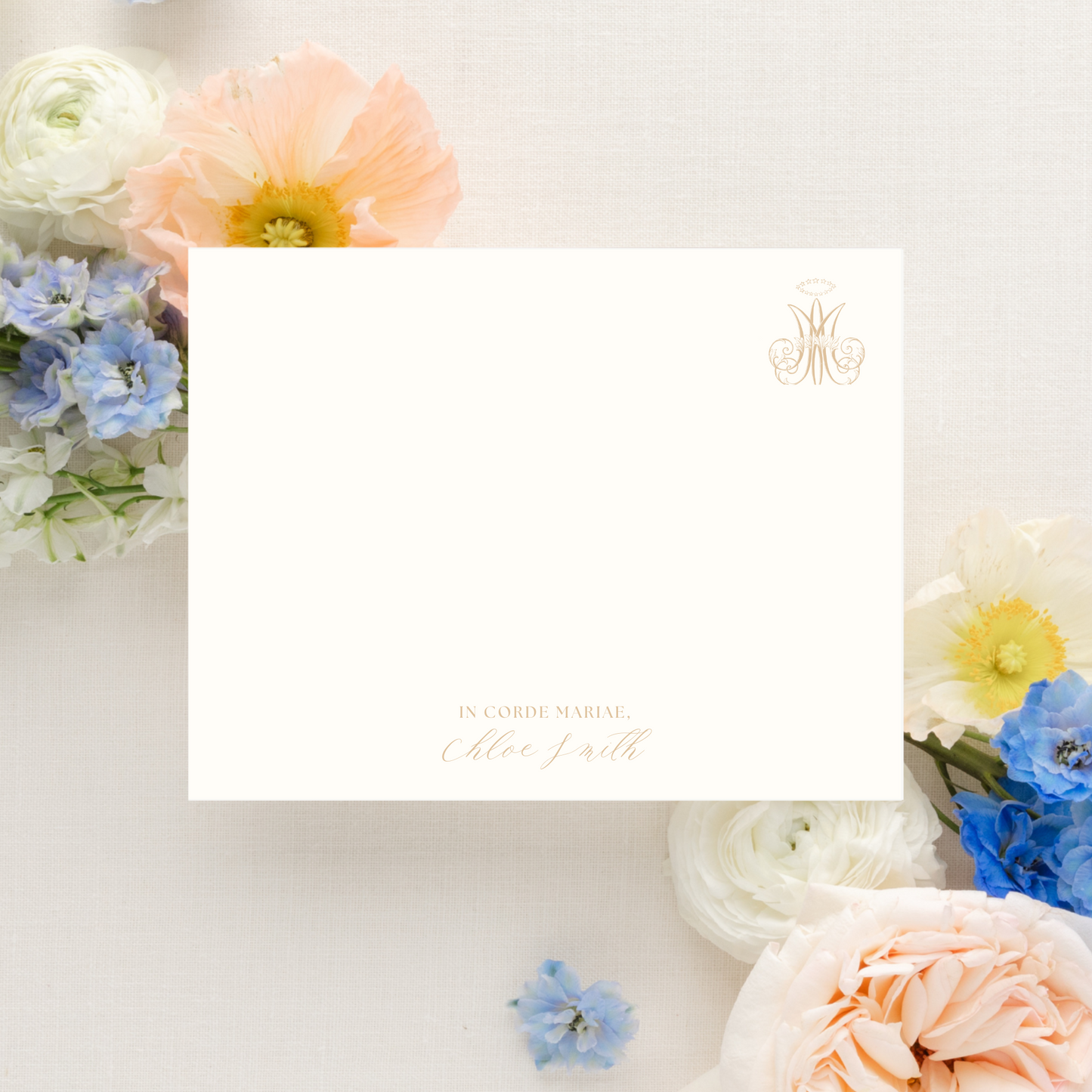In Corde Mariae with Auspice Maria, Personalized Catholic Stationery Set