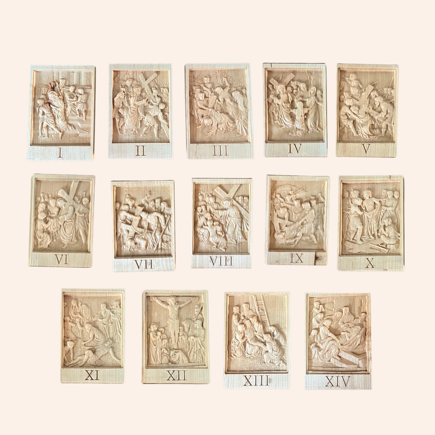 Set of 14 Stations of the Cross Wooden Engravings, Catholic Home Decor