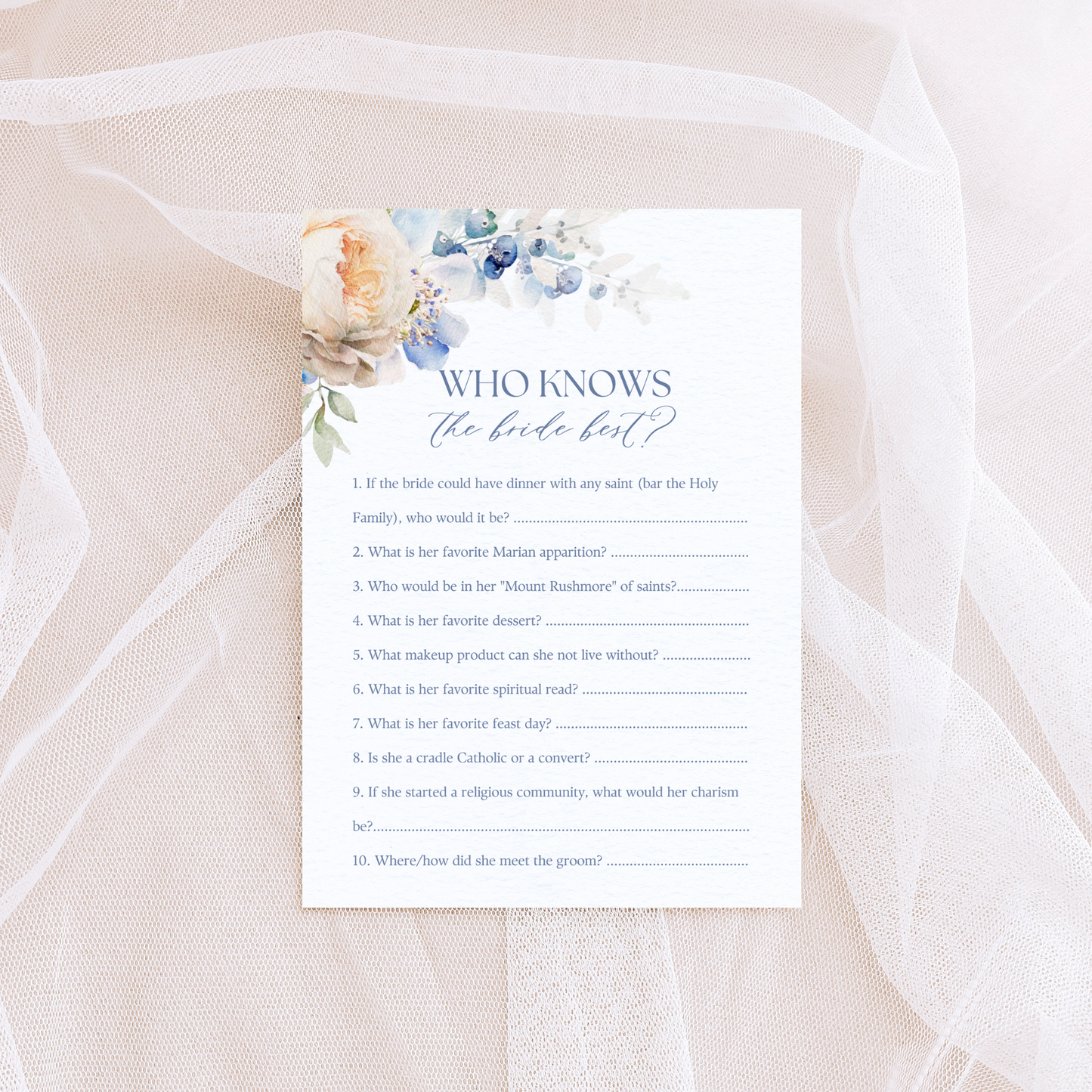 Catholic Bridal Shower Games: Who Knows the Bride Best | Physical Card, Pack of 10