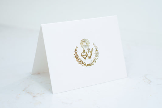 Sacred Heart and Immaculate Heart of Mary Crest, Catholic Gold Foil Stationery