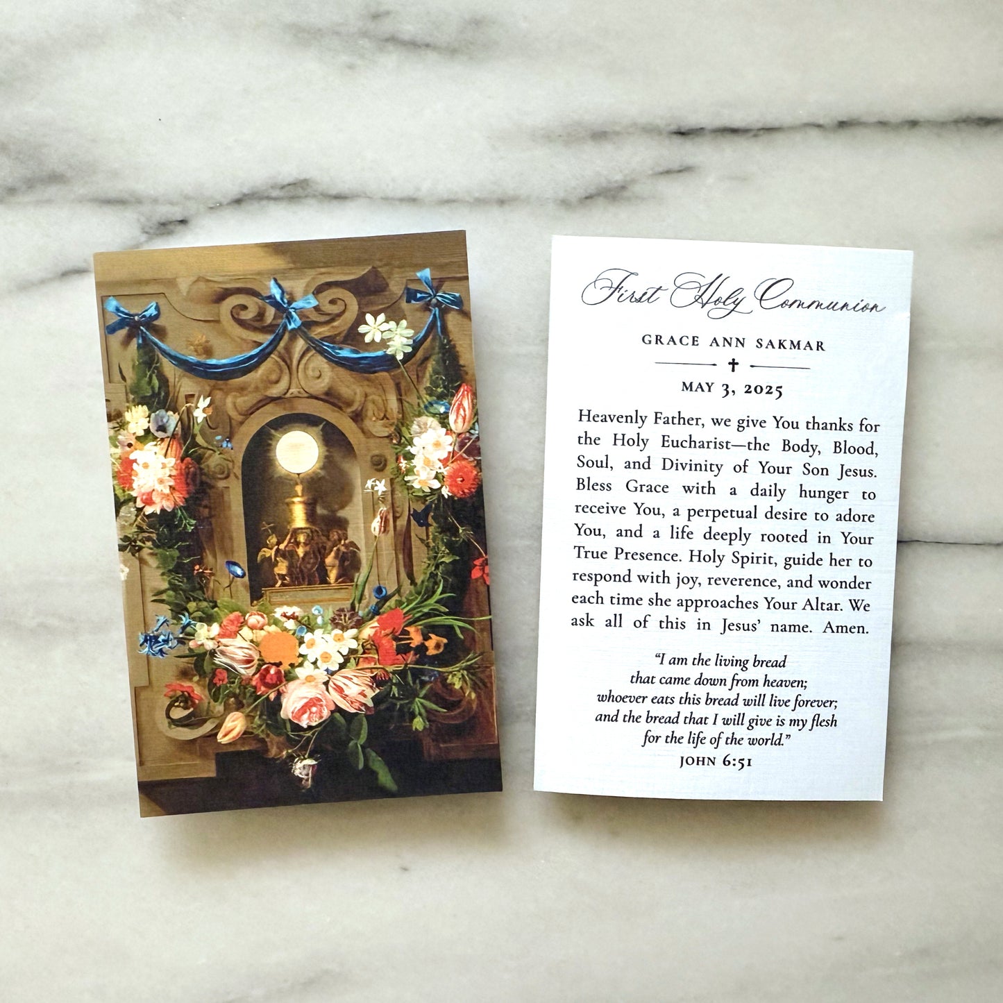 Catholic First Holy Communion Prayer Cards, Feast of the Eucharist, Semi-Custom