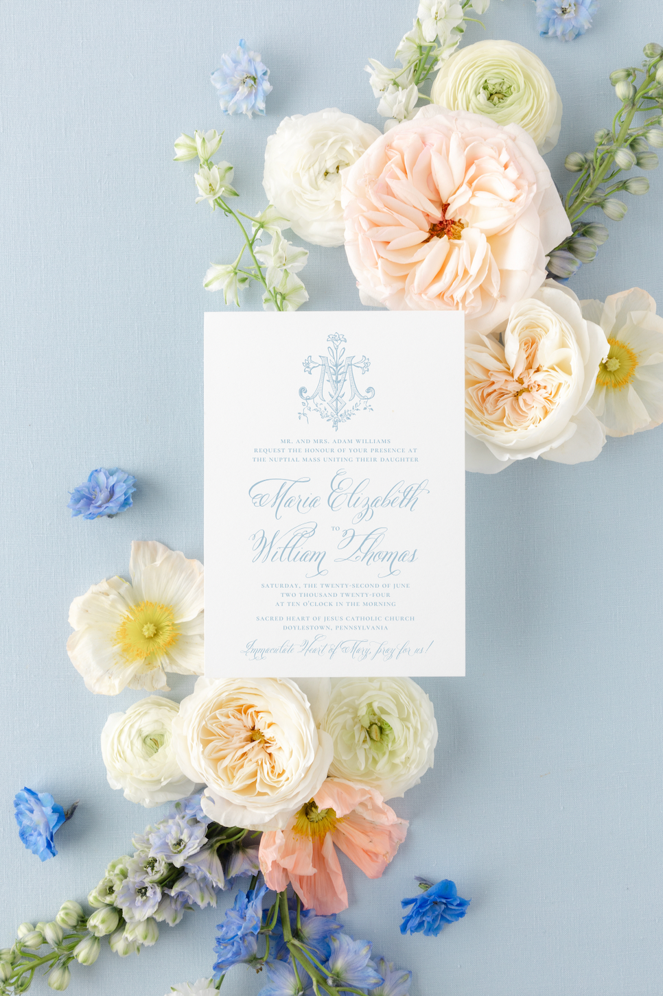 Catholic Wedding Invitations, Marian Cross with Lilies, Semi-Custom