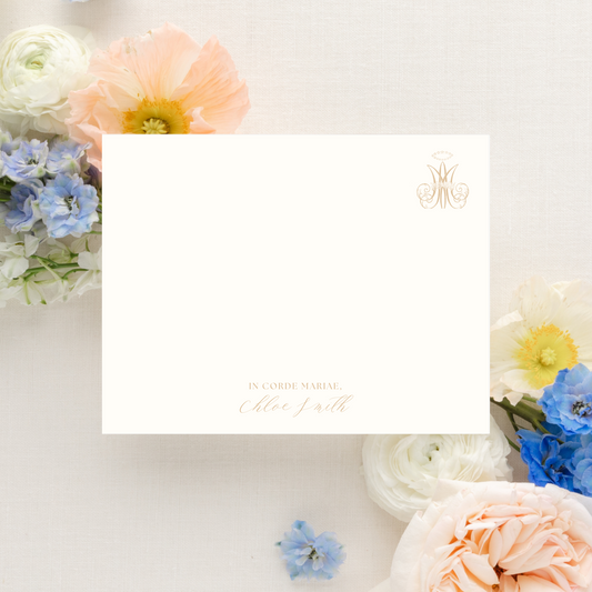 In Corde Mariae with Auspice Maria, Personalized Catholic Stationery Set