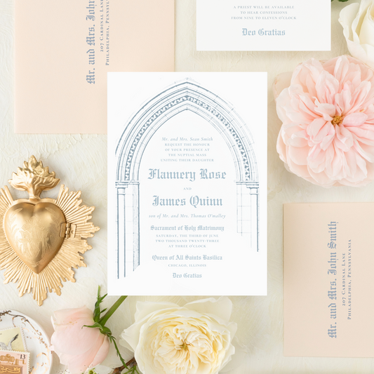 Catholic Wedding Invitation Suite, Gothic Arch, Semi-custom