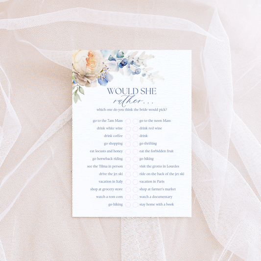 Catholic Bridal Shower Games: Would She Rather | Physical Card, Pack of 10