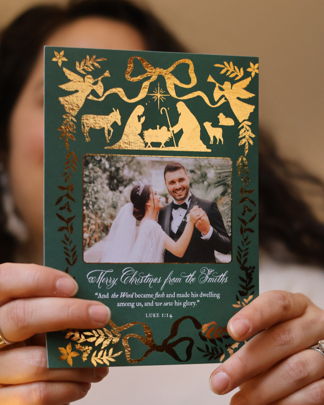 Personalized Catholic Christmas Cards, Word Became Flesh (green), with optional Addressed Envelopes