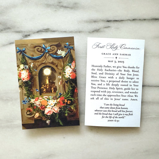 Catholic First Holy Communion Prayer Cards, Feast of the Eucharist, Semi-Custom