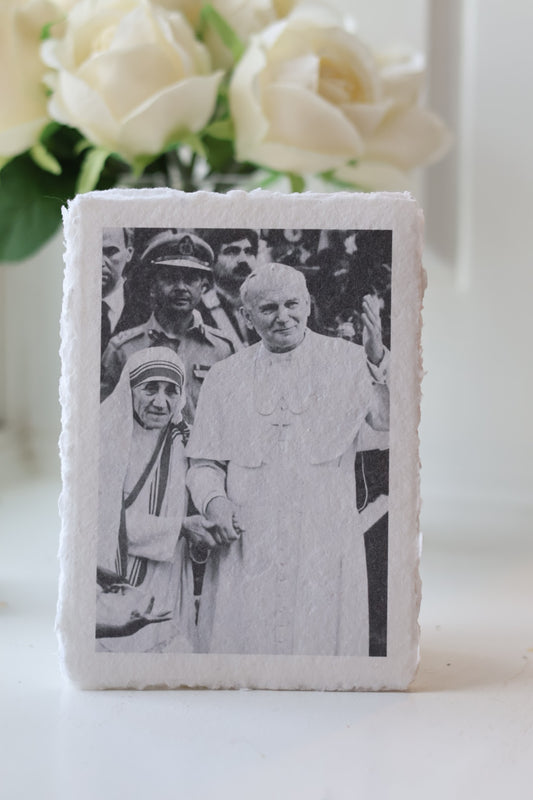 Saint Mother Teresa and Saint John Paul II on Deckled-edge Handmade Paper Sacred Art Print