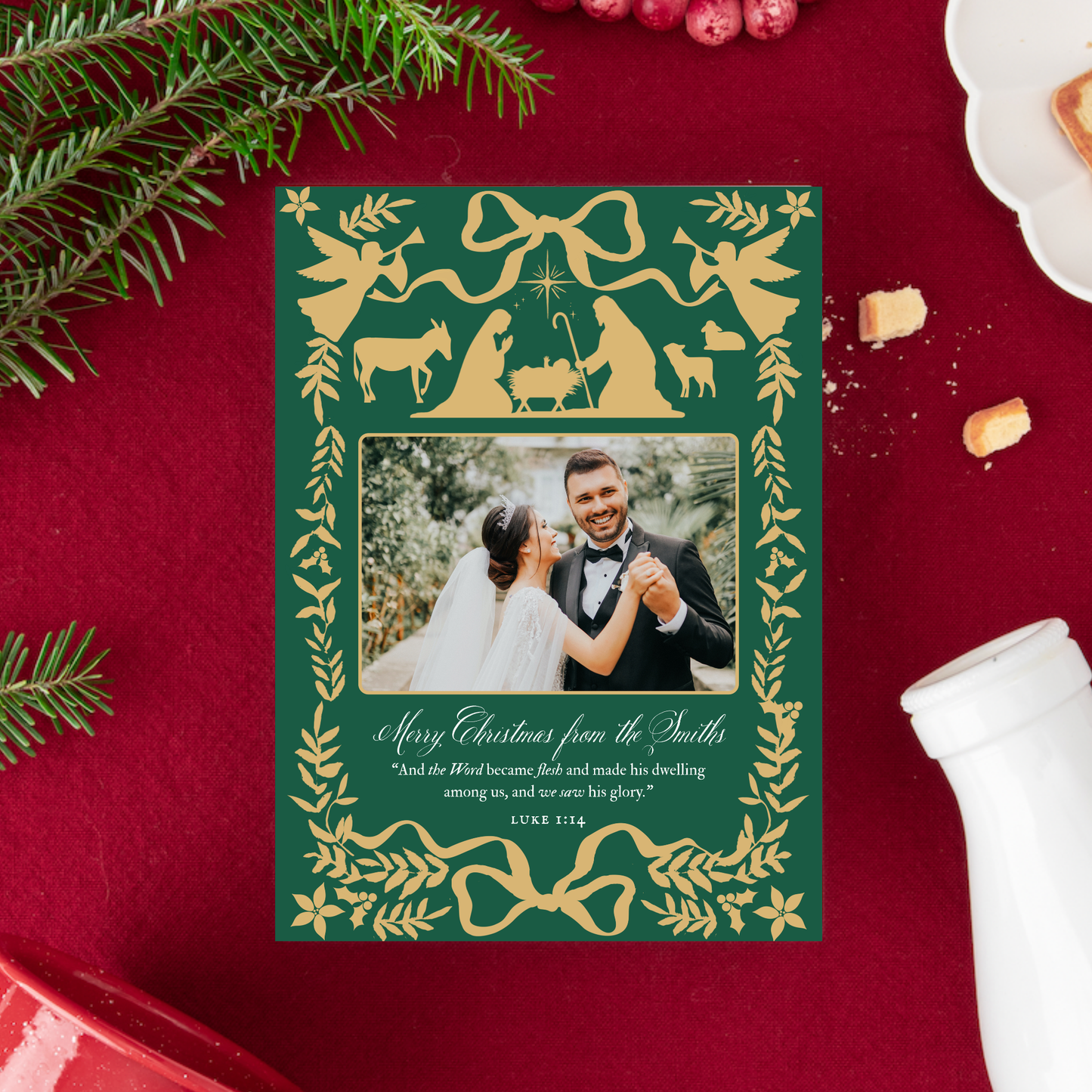 Personalized Catholic Christmas Cards, Word Became Flesh (green), with optional Addressed Envelopes