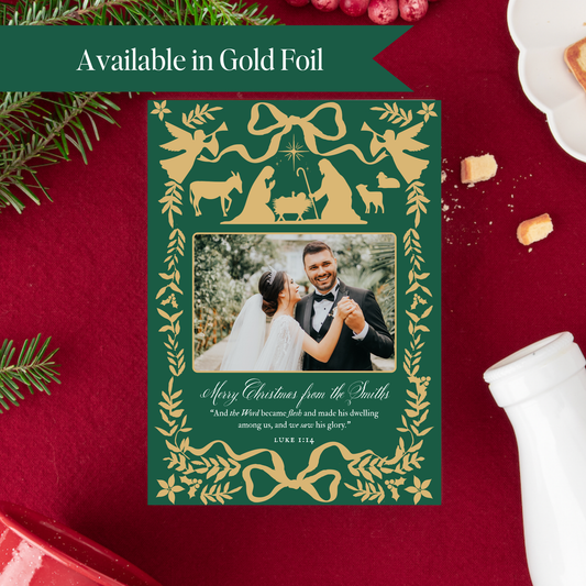 Personalized Catholic Christmas Cards, Word Became Flesh (green), with optional Addressed Envelopes