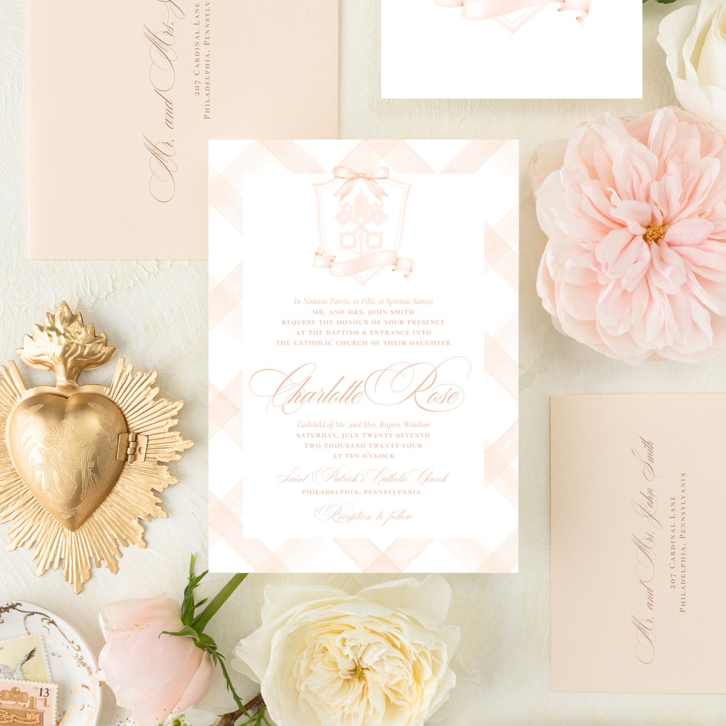 Catholic Baptism Invitation, Catholic Church Crest with Ribbon, Girl