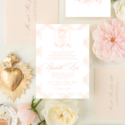 Catholic Baptism Invitation, Catholic Church Crest with Ribbon, Girl