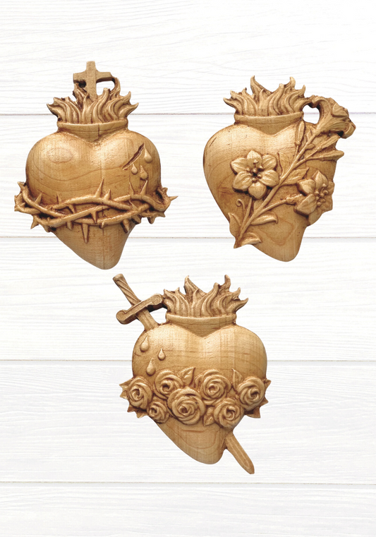 Three Hearts Wooden Engravings, Catholic Home Decor